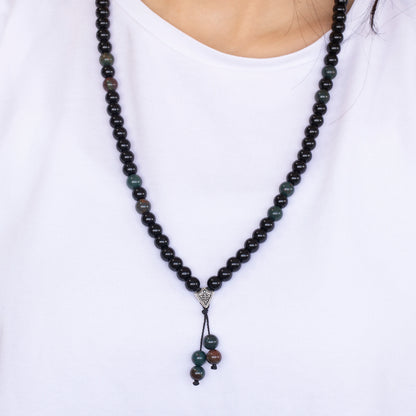 Natural Bloodstone & Black Onyx Beaded 108 Mala & Rosary Necklace