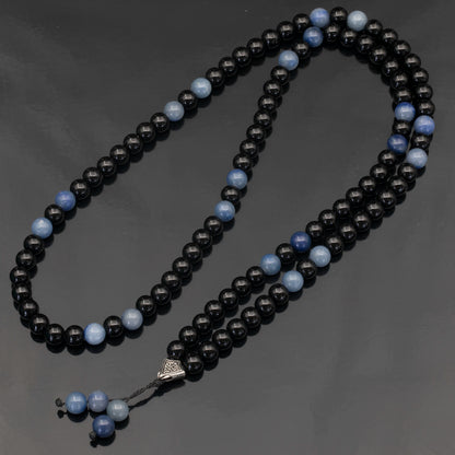 Natural Blue Aventurine & Black Onyx Beaded 108 Mala & Rosary Necklace