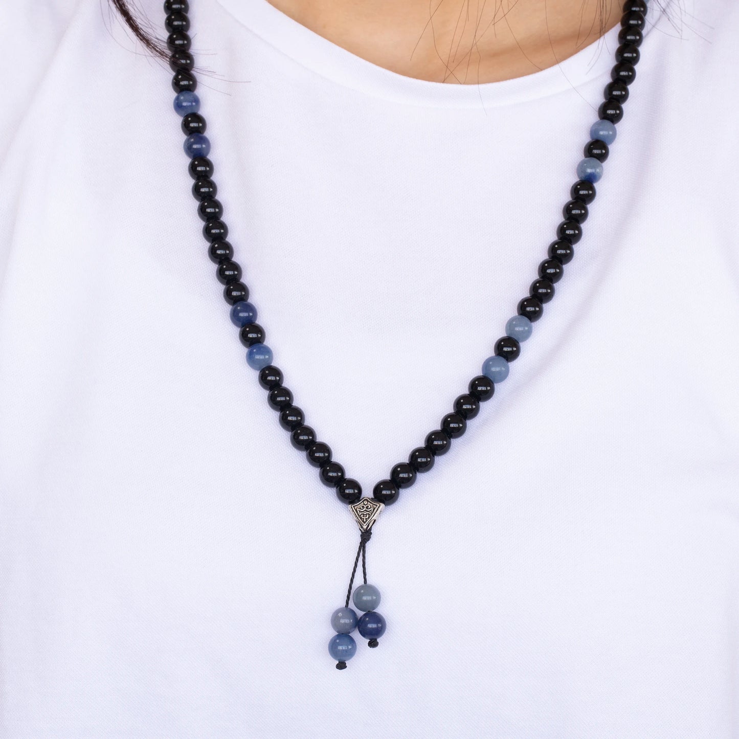 Natural Blue Aventurine & Black Onyx Beaded 108 Mala & Rosary Necklace