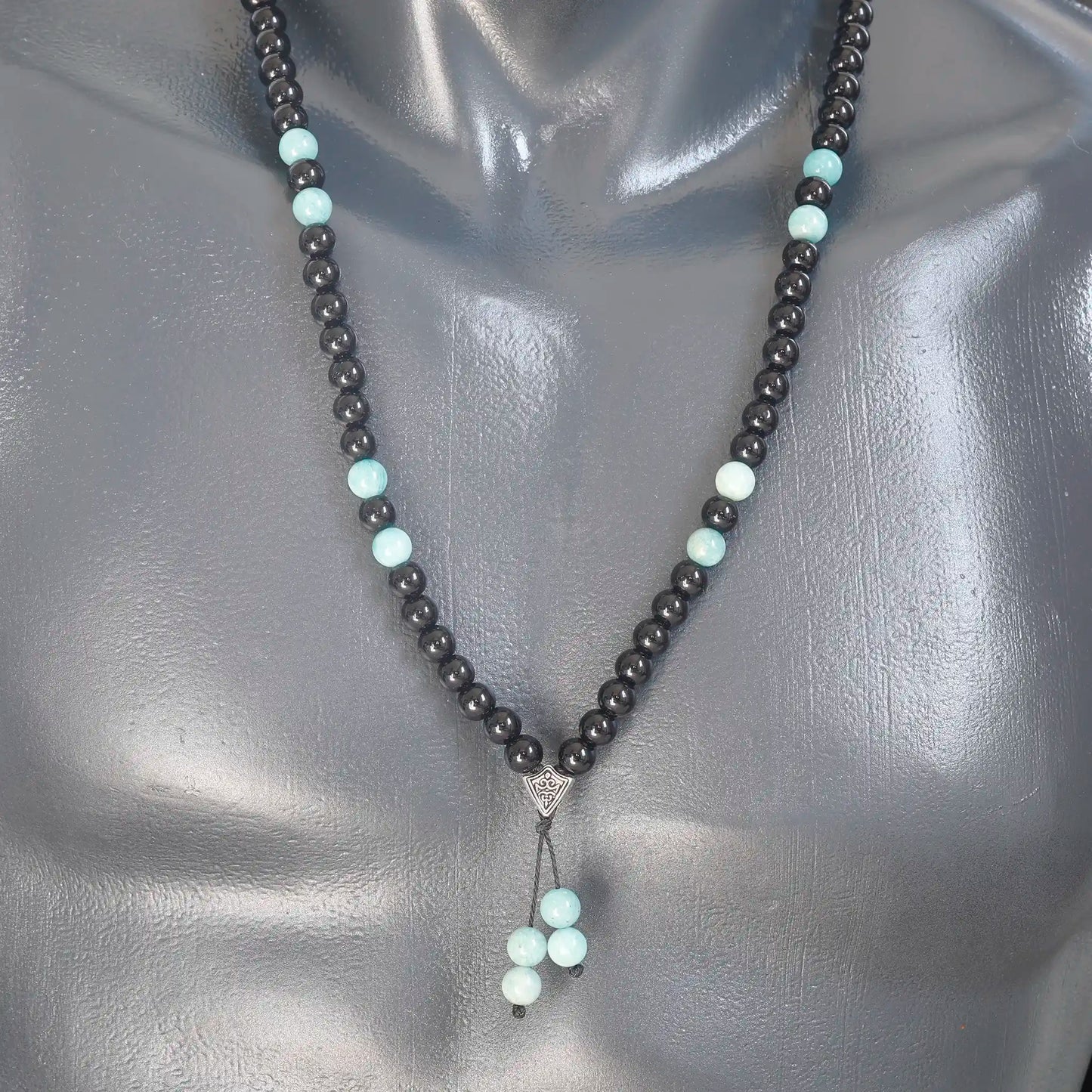 Natural Amazonite & Black Onyx Beaded 108 Mala & Rosary Necklace