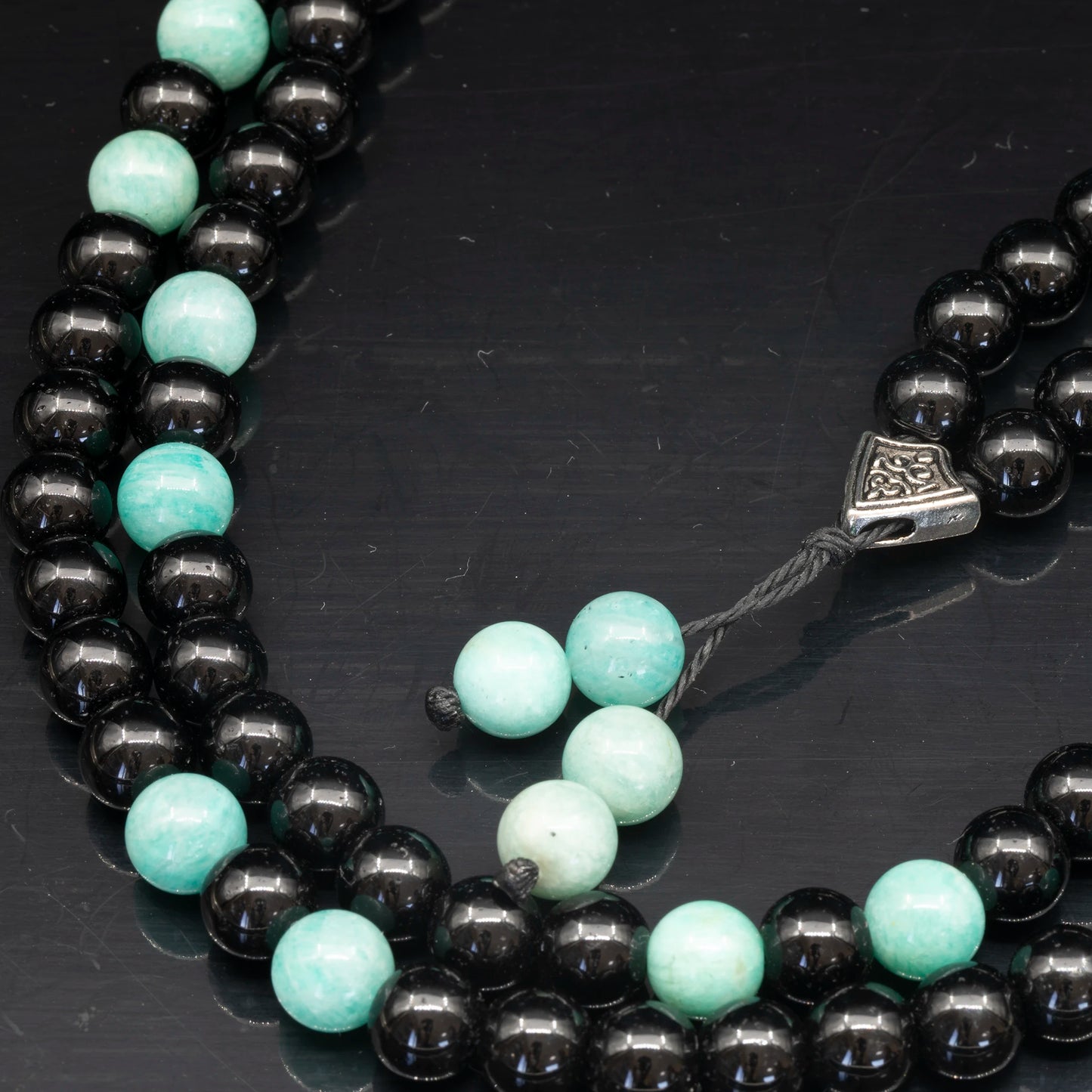 Natural Amazonite & Black Onyx Beaded 108 Mala & Rosary Necklace