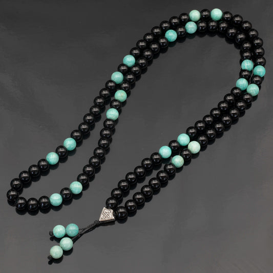 Natural Amazonite & Black Onyx Beaded 108 Mala & Rosary Necklace