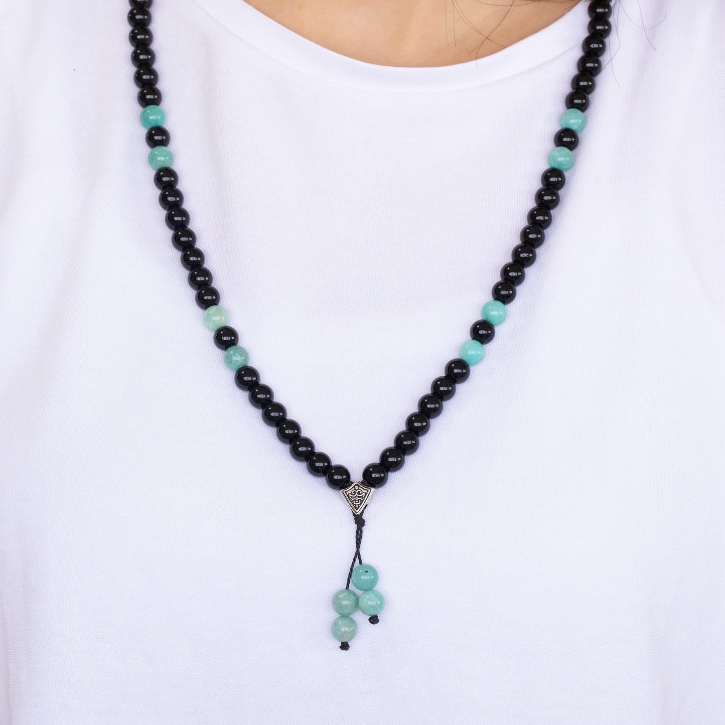 Natural Amazonite & Black Onyx Beaded 108 Mala & Rosary Necklace