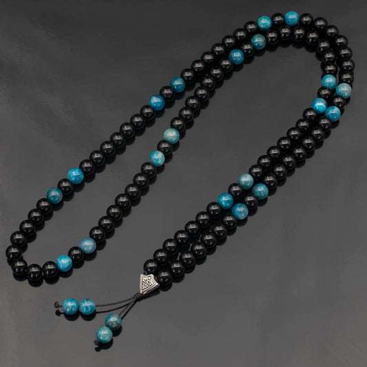 Natural Blue Tiger Eye & Black Onyx Beaded 108 Mala & Rosary Necklace