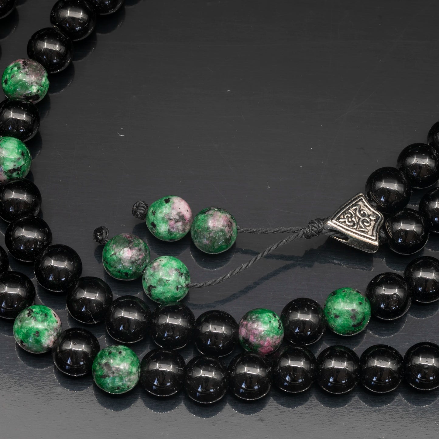 Natural Ruby Zoisite (Anyolite) & Black Onyx Beaded 108 Mala & Rosary Necklace