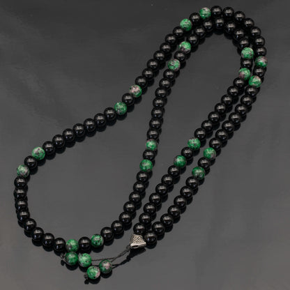 Natural Ruby Zoisite (Anyolite) & Black Onyx Beaded 108 Mala & Rosary Necklace