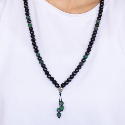 Natural Ruby Zoisite (Anyolite) & Black Onyx Beaded 108 Mala & Rosary Necklace