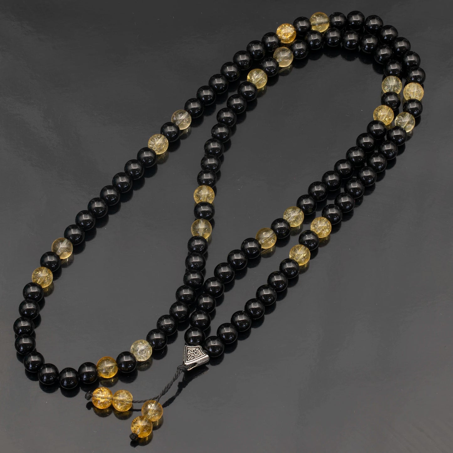 Natural Citrine & Black Onyx Beaded 108 Mala & Rosary Necklace