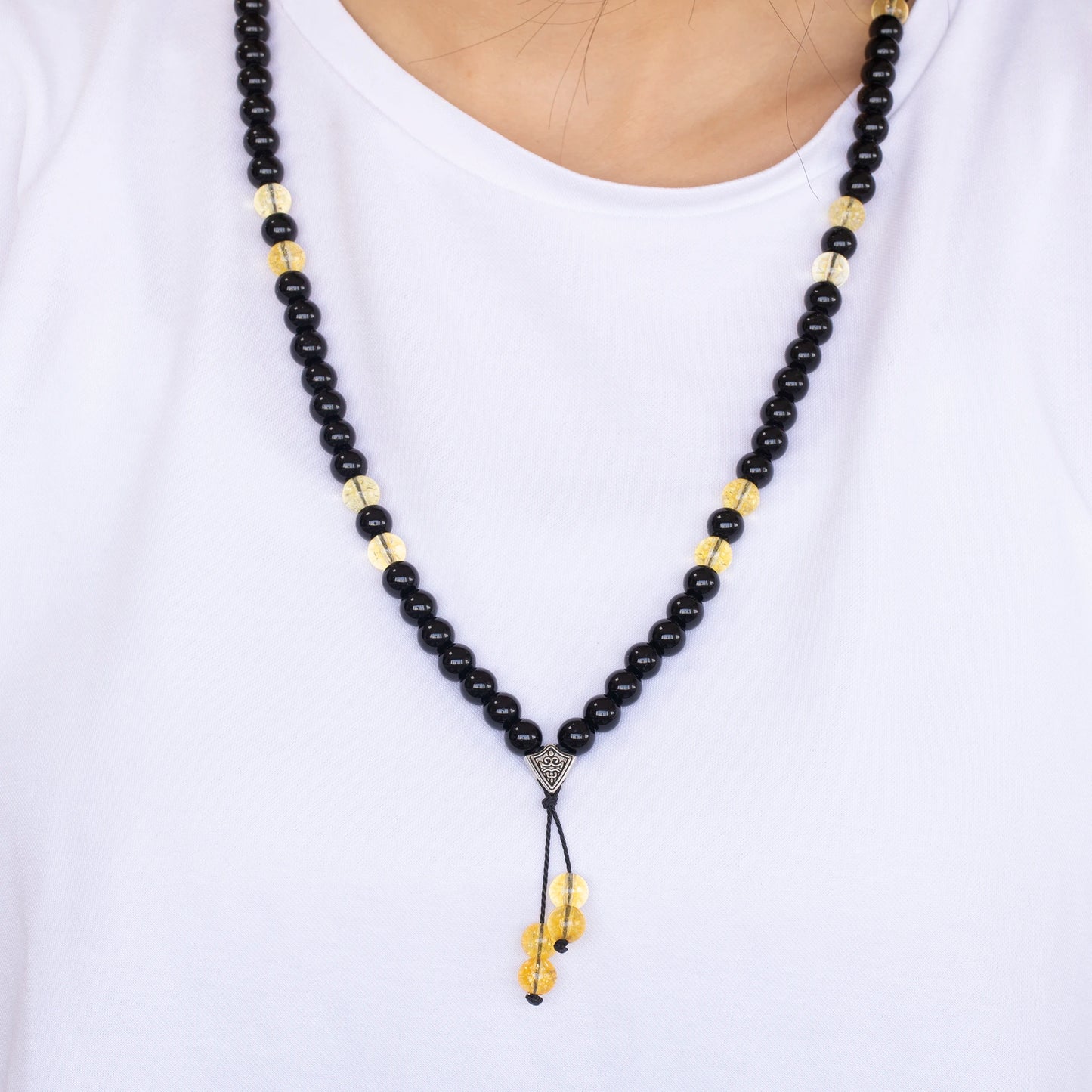 Natural Citrine & Black Onyx Beaded 108 Mala & Rosary Necklace