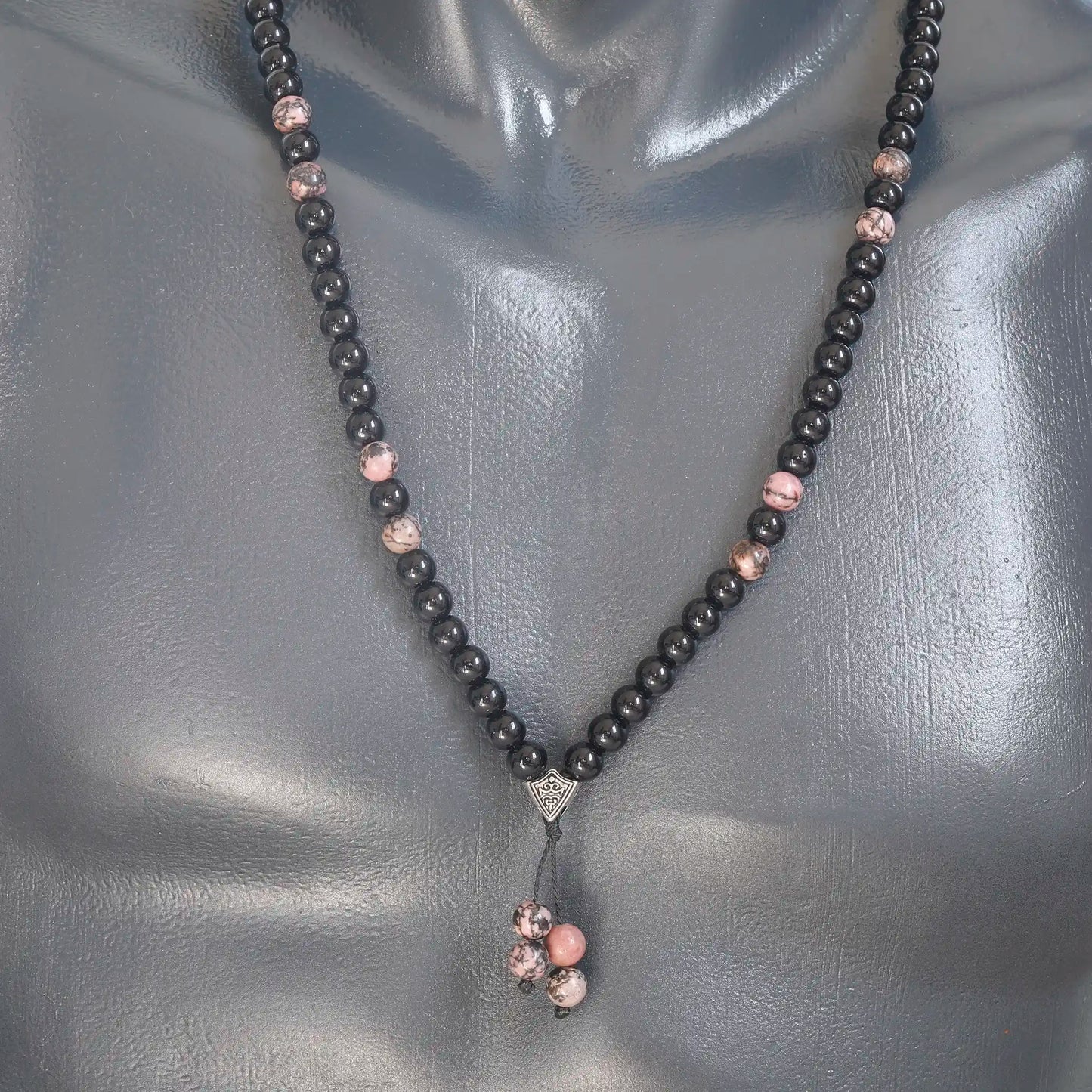 Natural Rhodonite & Black Onyx Beaded 108 Mala & Rosary Necklace