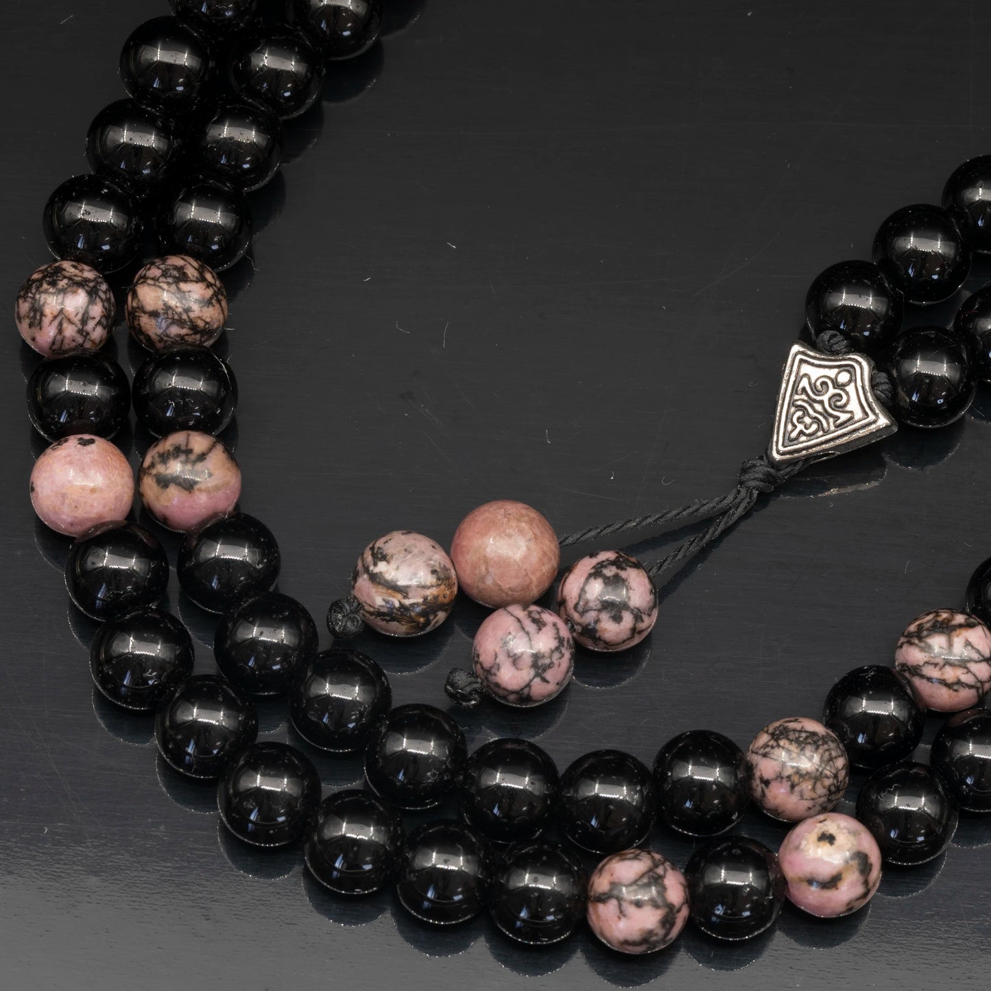 Natural Rhodonite & Black Onyx Beaded 108 Mala & Rosary Necklace