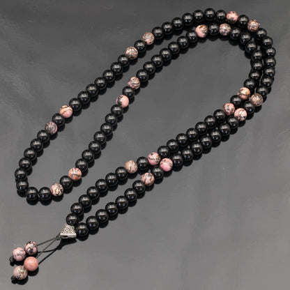 Natural Rhodonite & Black Onyx Beaded 108 Mala & Rosary Necklace