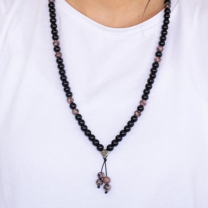 Natural Rhodonite & Black Onyx Beaded 108 Mala & Rosary Necklace