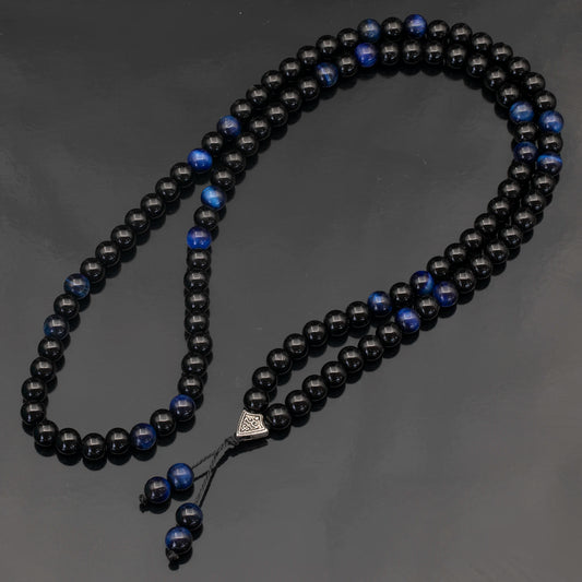 Natural Dark Blue Tiger Eye & Black Onyx Beaded 108 Mala & Rosary Necklace