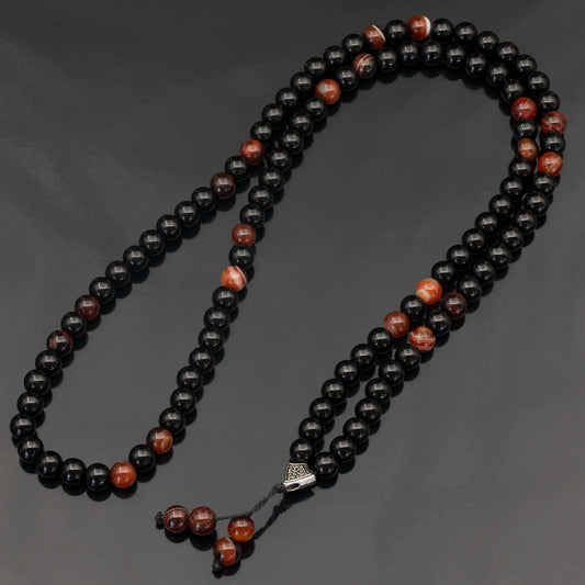 Natural Carnelian Agate & Black Onyx Beaded 108 Mala & Rosary Necklace