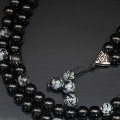 Natural Snowflake Obsidian & Black Onyx Beaded 108 Mala & Rosary Necklace