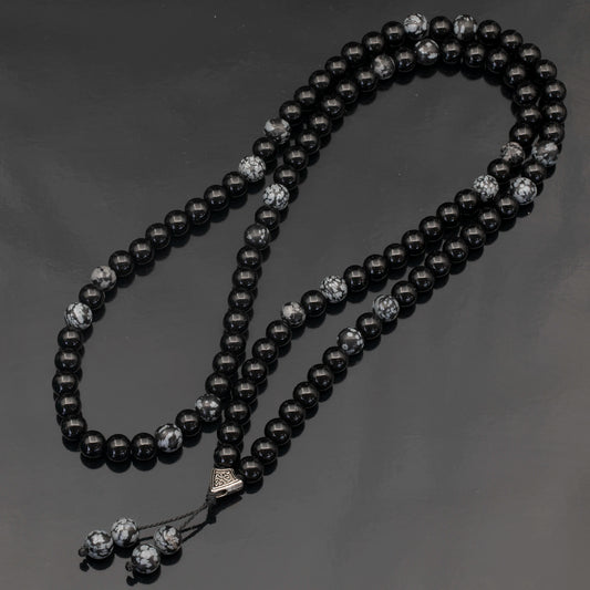 Natural Snowflake Obsidian & Black Onyx Beaded 108 Mala & Rosary Necklace