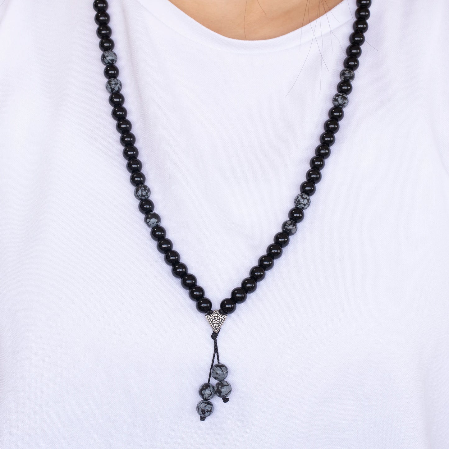 Natural Snowflake Obsidian & Black Onyx Beaded 108 Mala & Rosary Necklace