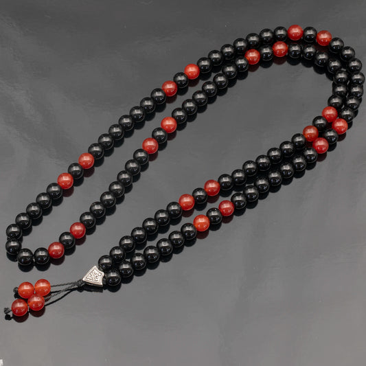 Natural Fire Agate & Black Onyx Beaded 108 Mala & Rosary Necklace