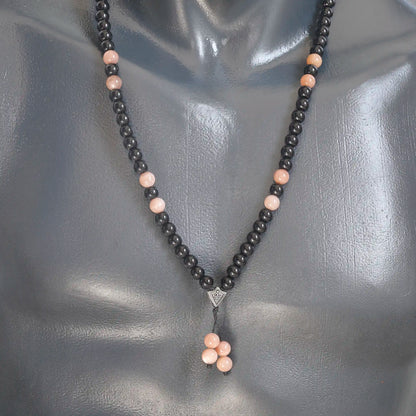 Natural Sunstone & Black Onyx Beaded 108 Mala & Rosary Necklace