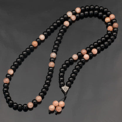 Natural Sunstone & Black Onyx Beaded 108 Mala & Rosary Necklace