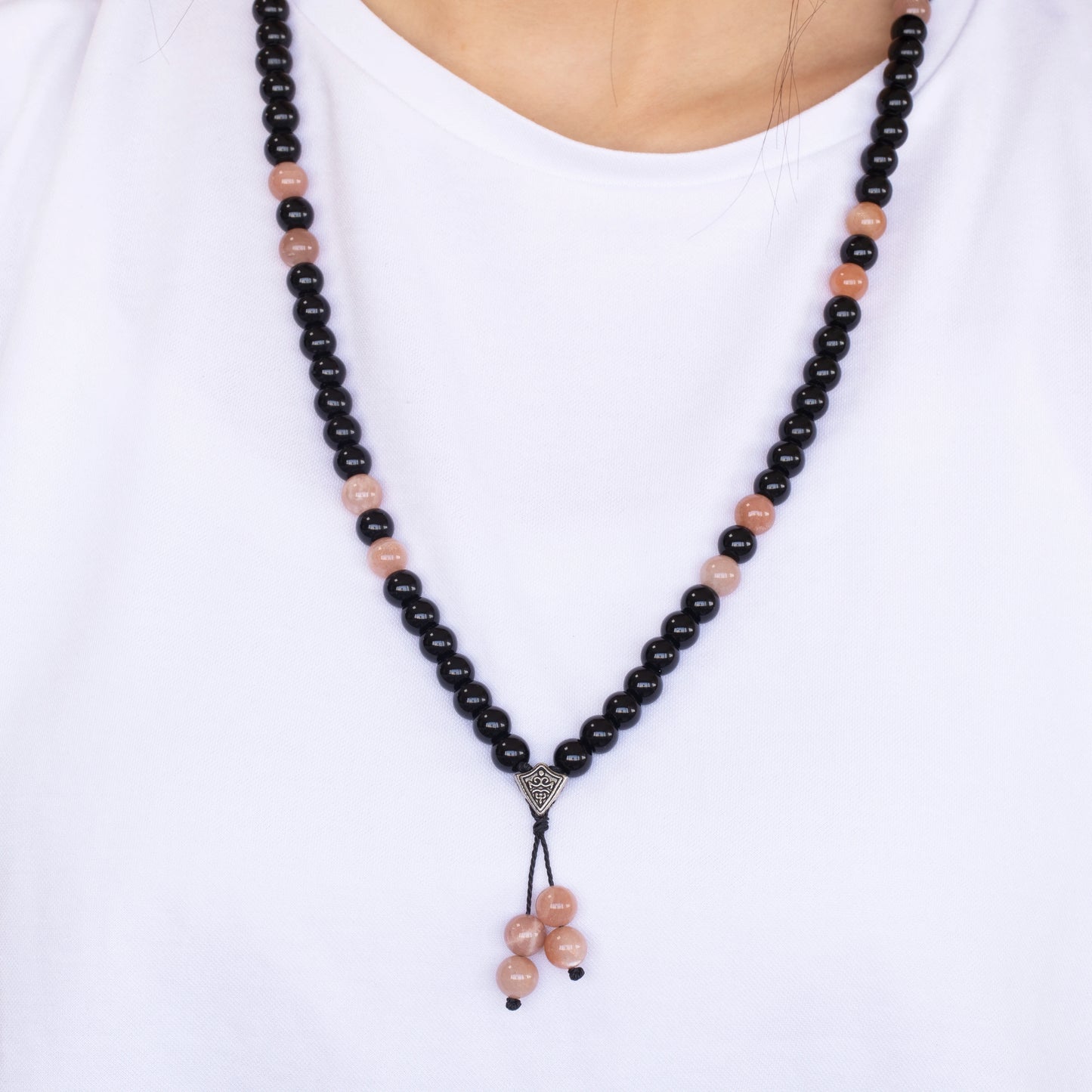 Natural Sunstone & Black Onyx Beaded 108 Mala & Rosary Necklace