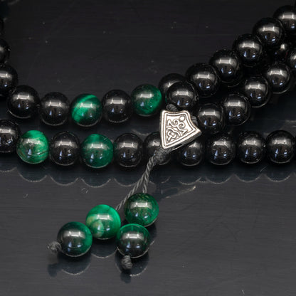 Natural Green Tiger Eye & Black Onyx Beaded 108 Mala & Rosary Necklace