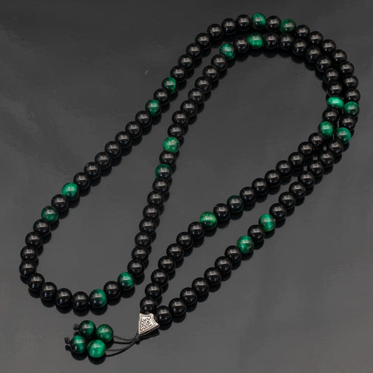 Natural Green Tiger Eye & Black Onyx Beaded 108 Mala & Rosary Necklace