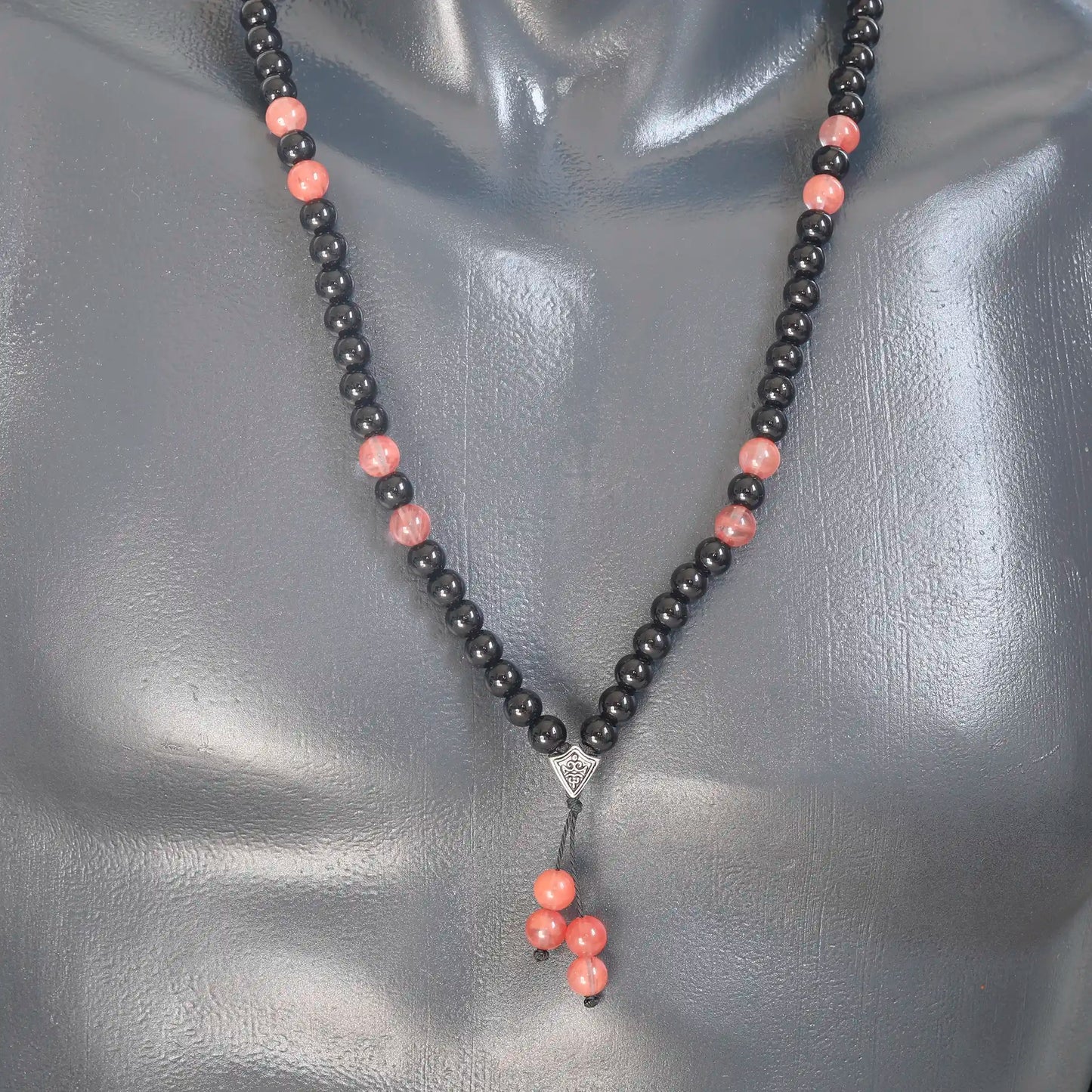 Natural Cherry Quartz & Black Onyx Beaded 108 Mala & Rosary Necklace