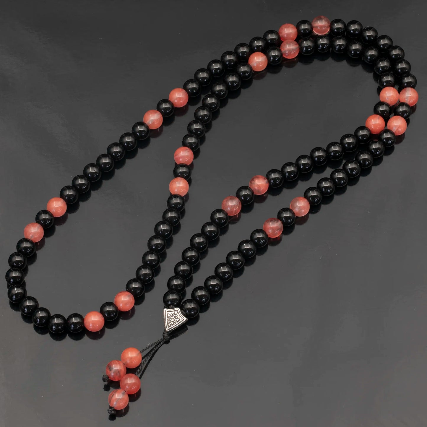 Natural Cherry Quartz & Black Onyx Beaded 108 Mala & Rosary Necklace