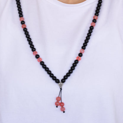 Natural Cherry Quartz & Black Onyx Beaded 108 Mala & Rosary Necklace