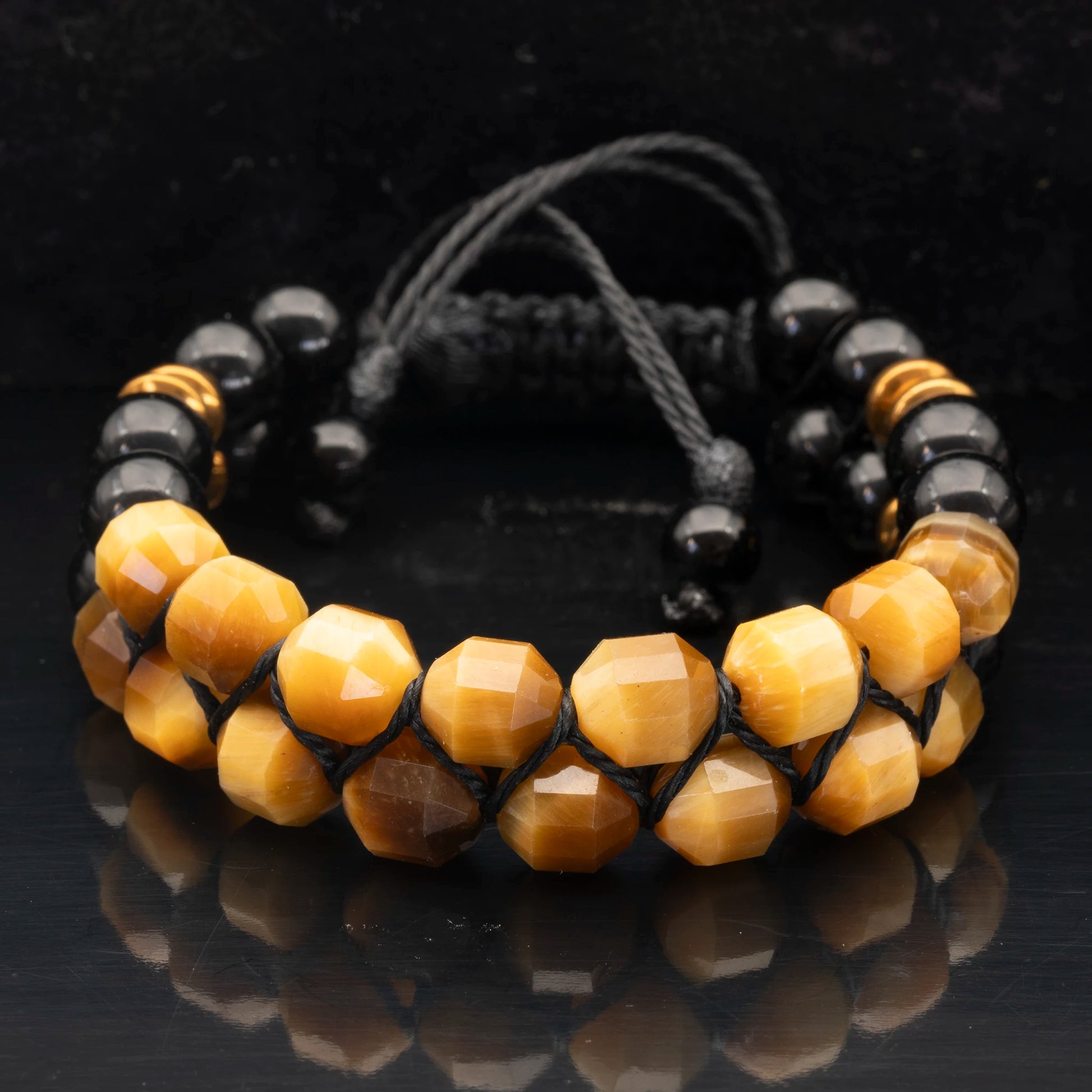 Natural Gold Tiger Eye & Black Onyx Beaded Double Row Macrame Bracelet - ElisaJewelryArt