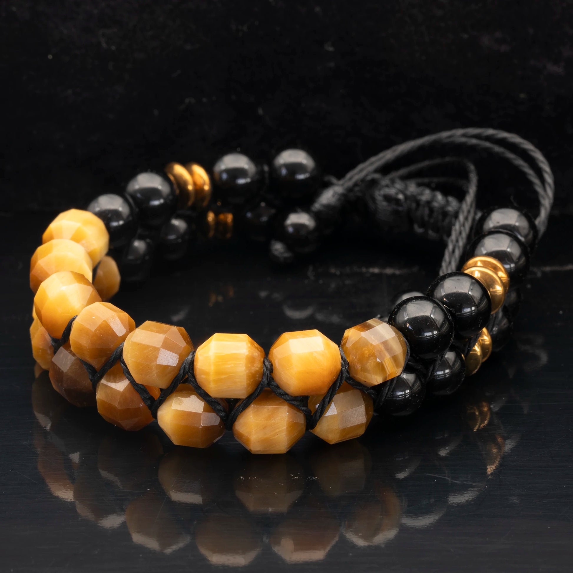 Natural Gold Tiger Eye & Black Onyx Beaded Double Row Macrame Bracelet - ElisaJewelryArt