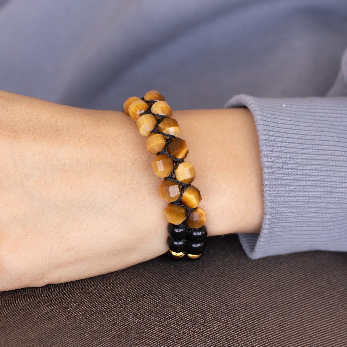 Natural Gold Tiger Eye & Black Onyx Beaded Double Row Macrame Bracelet - ElisaJewelryArt