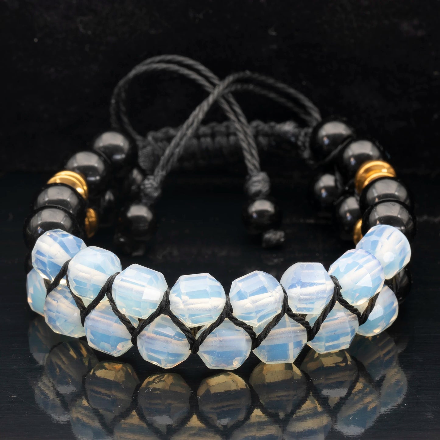 Natural Opalite & Black Onyx Beaded Double Row Macrame Bracelet - ElisaJewelryArt