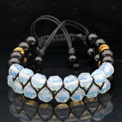 Natural Opalite & Black Onyx Beaded Double Row Macrame Bracelet - ElisaJewelryArt