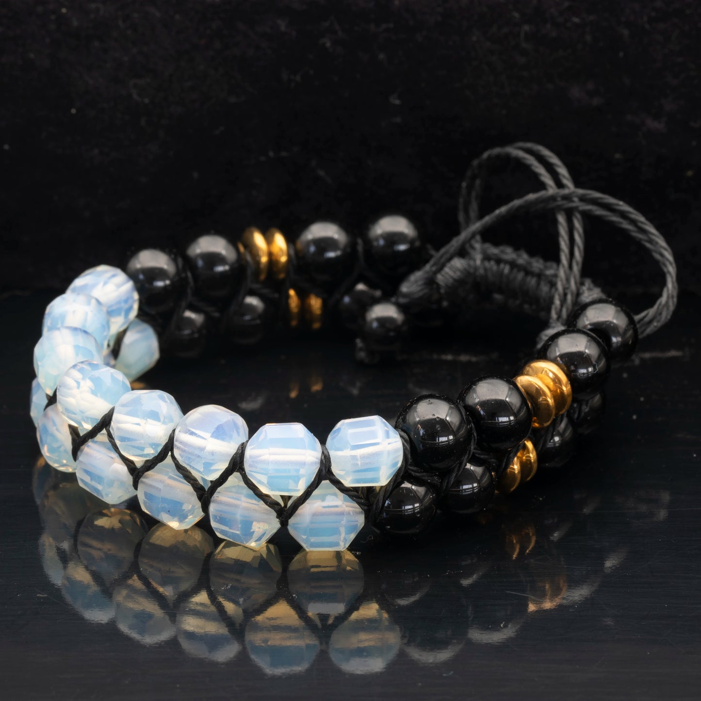 Natural Opalite & Black Onyx Beaded Double Row Macrame Bracelet - ElisaJewelryArt