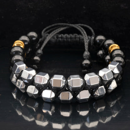 Natural Hematite & Black Onyx Beaded Double Row Macrame Bracelet - ElisaJewelryArt