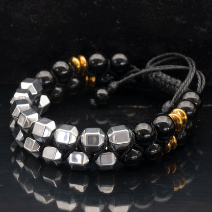 Natural Hematite & Black Onyx Beaded Double Row Macrame Bracelet - ElisaJewelryArt