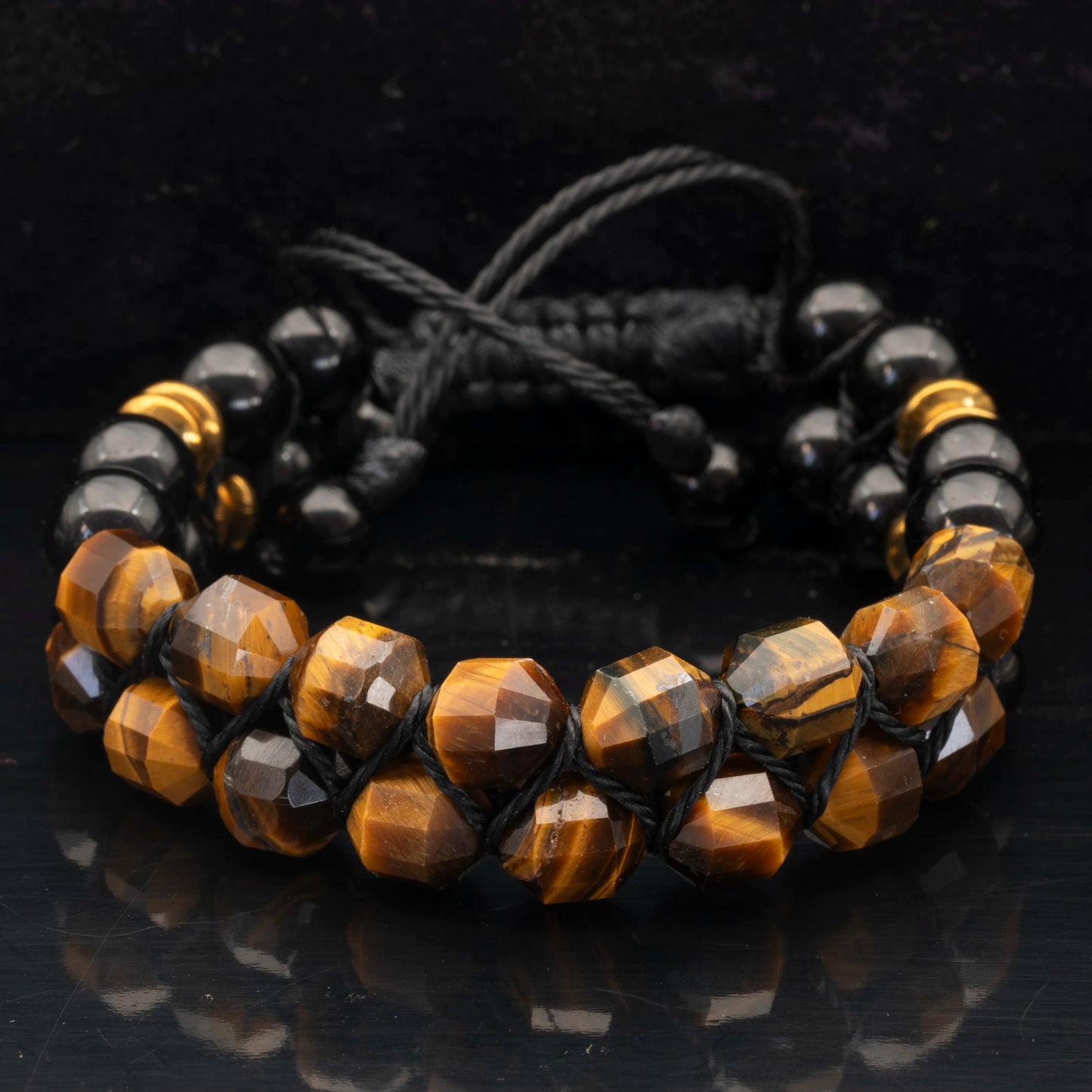 Natural Tiger Eye & Black Onyx Beaded Double Row Macrame Bracelet - ElisaJewelryArt