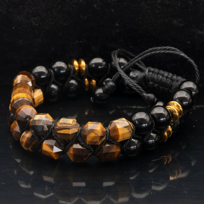 Natural Tiger Eye & Black Onyx Beaded Double Row Macrame Bracelet - ElisaJewelryArt