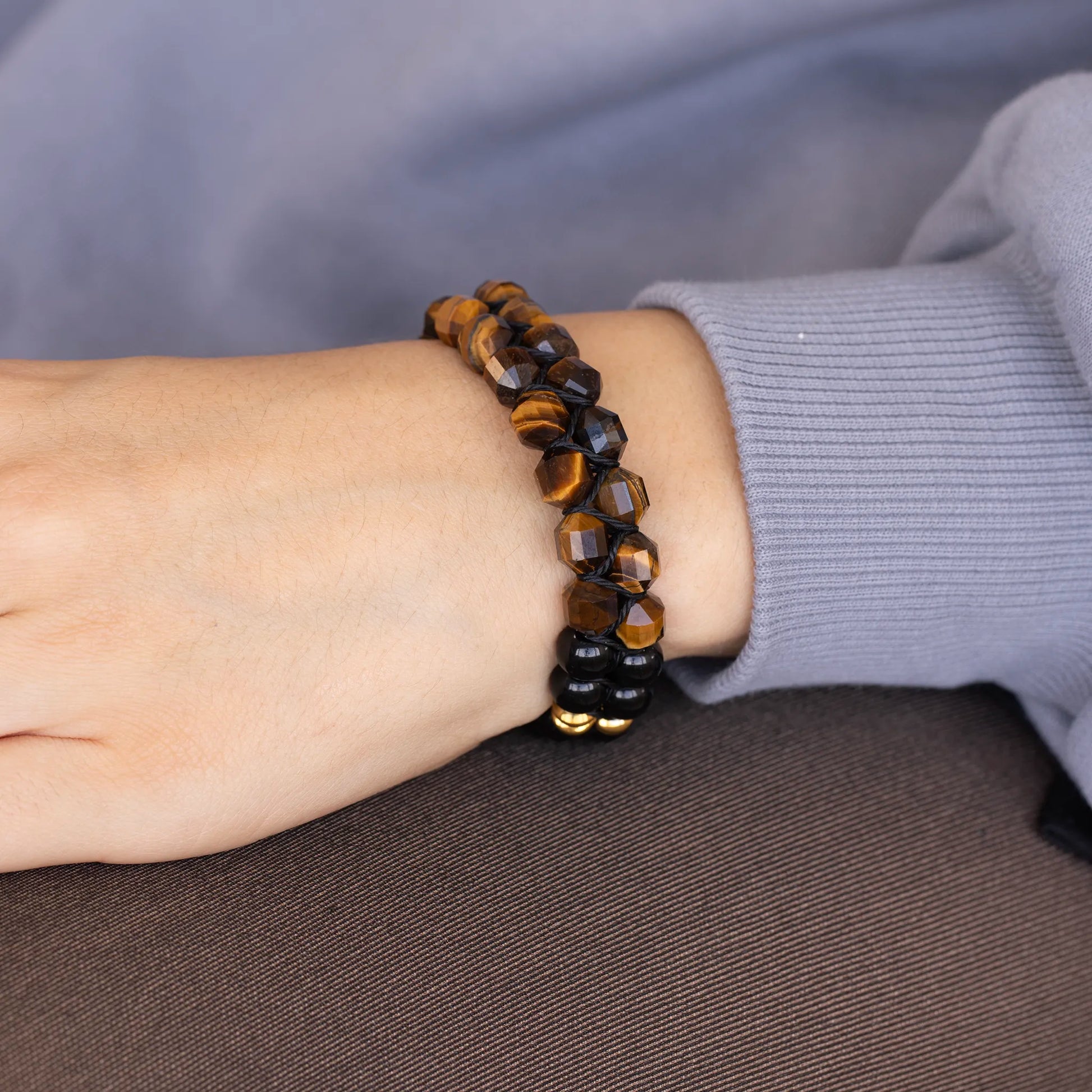 Natural Tiger Eye & Black Onyx Beaded Double Row Macrame Bracelet - ElisaJewelryArt