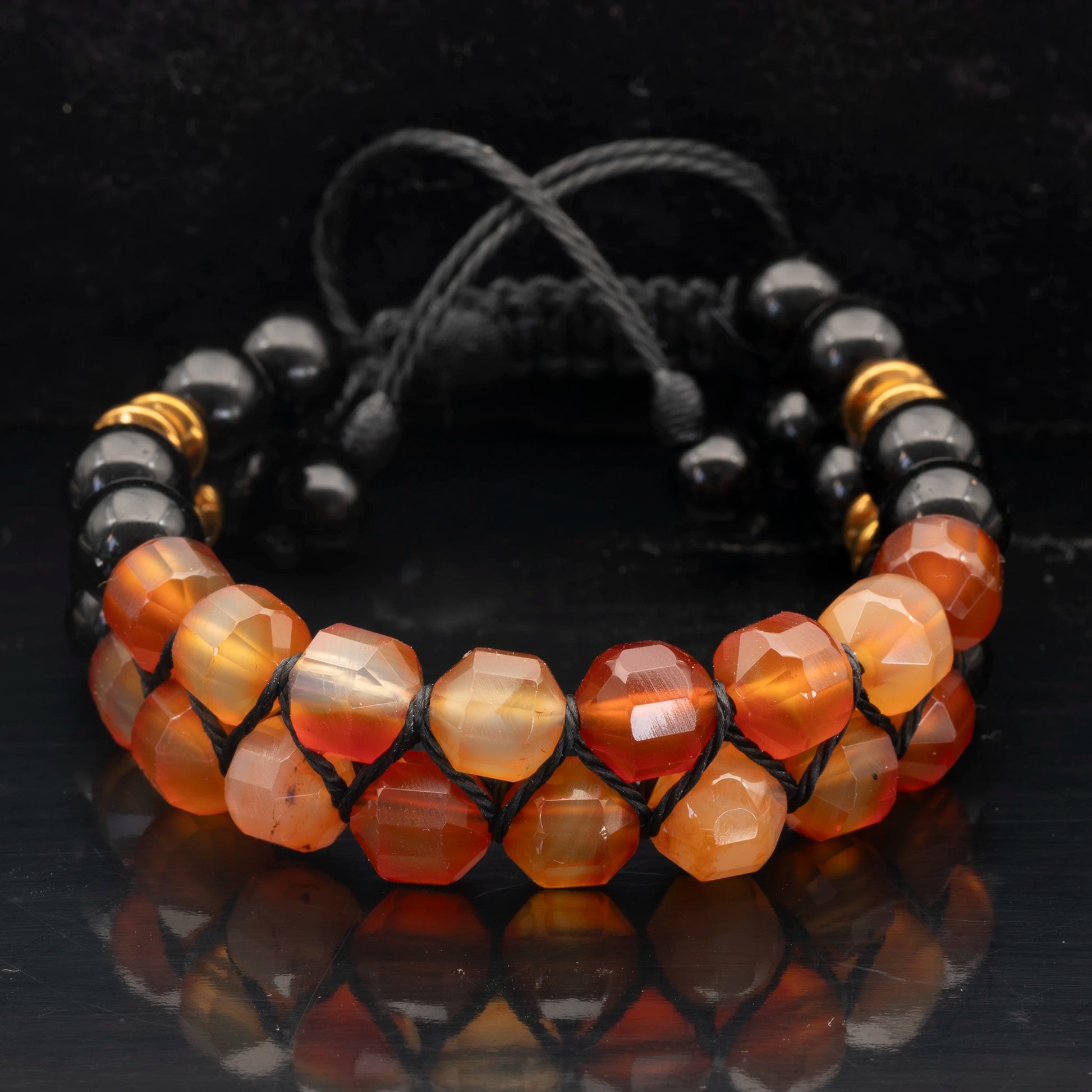 Natural Carnelian Agate & Black Onyx Beaded Double Row Macrame Bracelet - ElisaJewelryArt