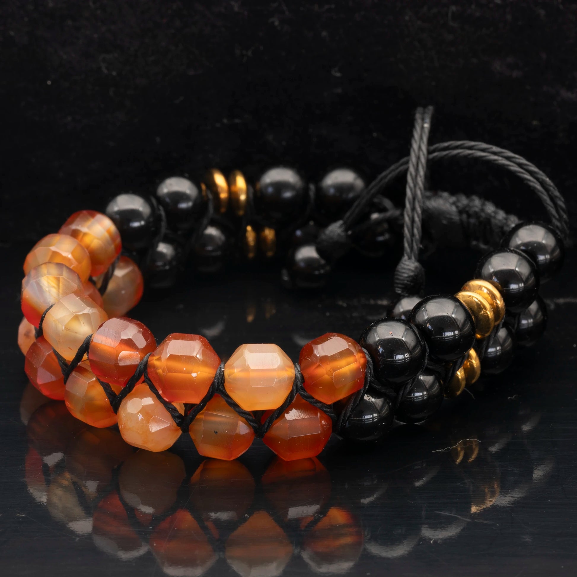 Natural Carnelian Agate & Black Onyx Beaded Double Row Macrame Bracelet - ElisaJewelryArt