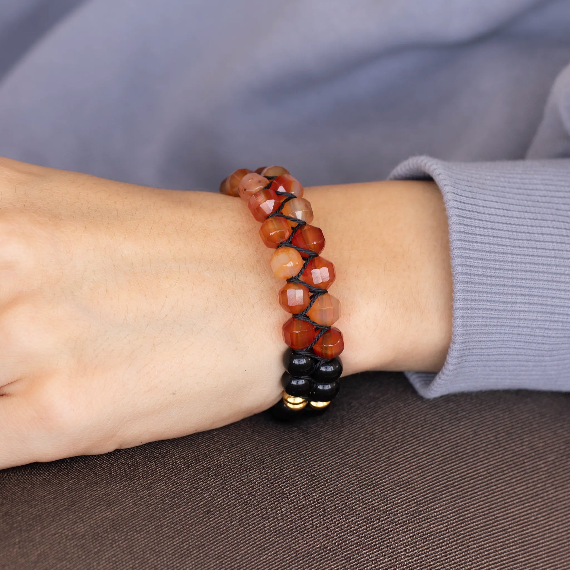 Natural Carnelian Agate & Black Onyx Beaded Double Row Macrame Bracelet - ElisaJewelryArt