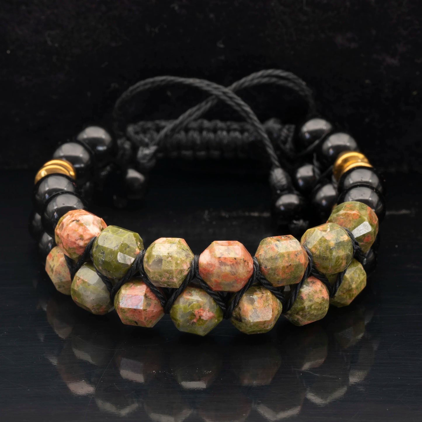 Natural Unakite & Black Onyx Beaded Double Row Macrame Bracelet - ElisaJewelryArt