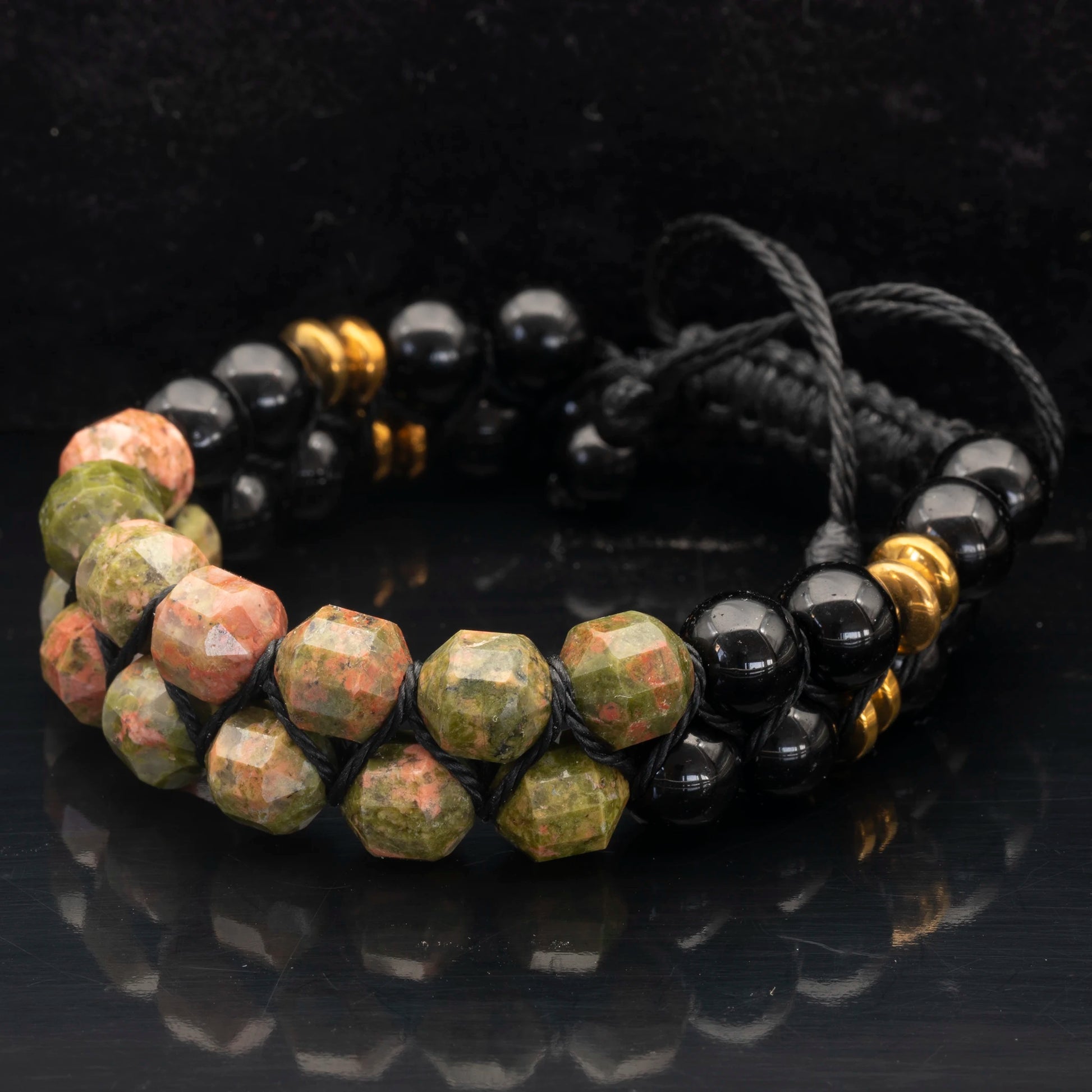 Natural Unakite & Black Onyx Beaded Double Row Macrame Bracelet - ElisaJewelryArt