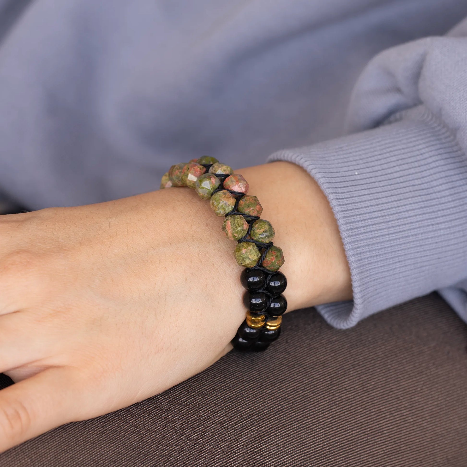 Natural Unakite & Black Onyx Beaded Double Row Macrame Bracelet - ElisaJewelryArt