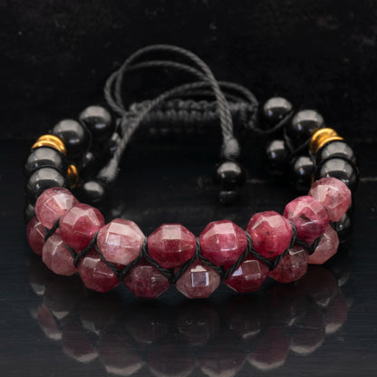 Natural Ruby Jade & Black Onyx Beaded Double Row Macrame Bracelet - ElisaJewelryArt