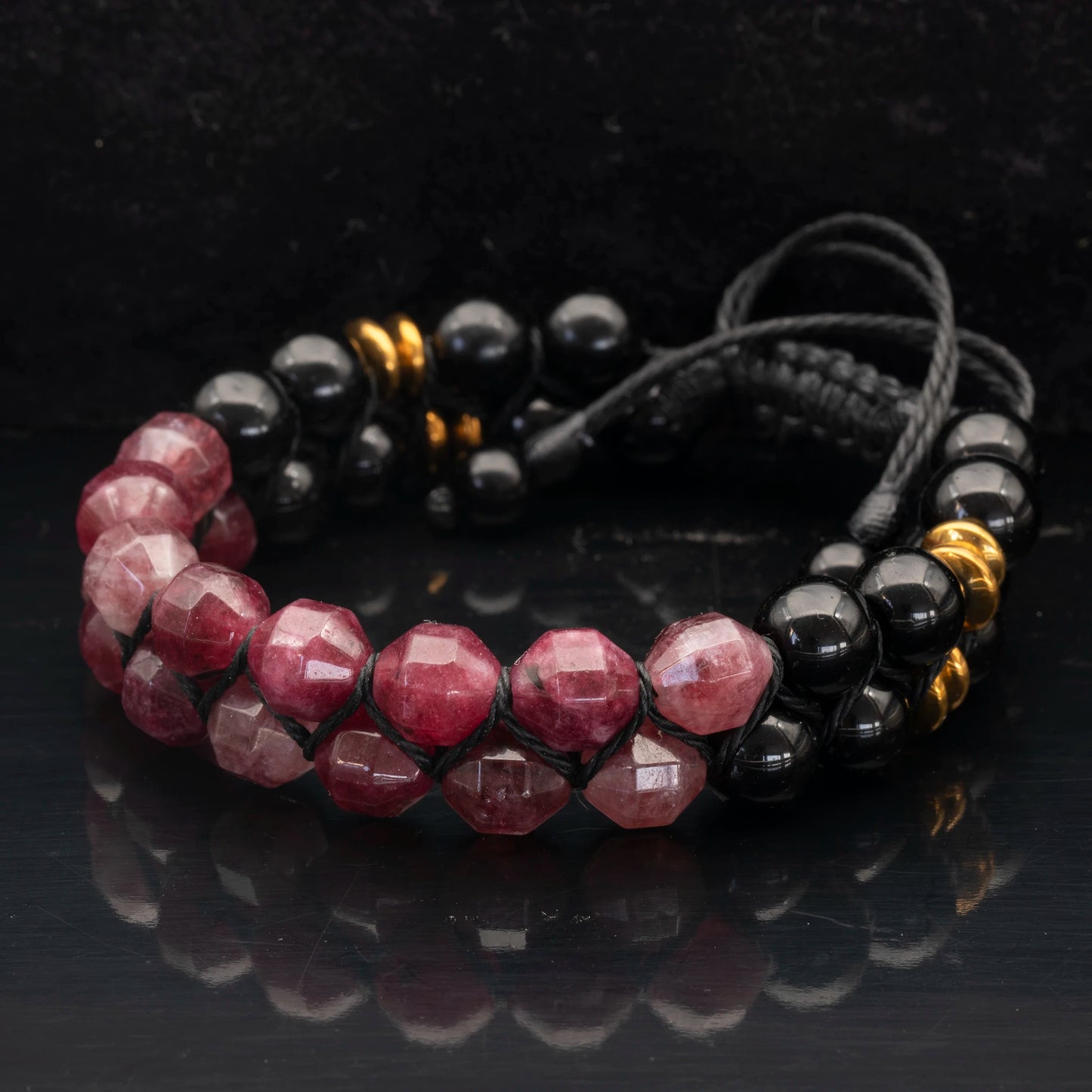 Natural Ruby Jade & Black Onyx Beaded Double Row Macrame Bracelet - ElisaJewelryArt